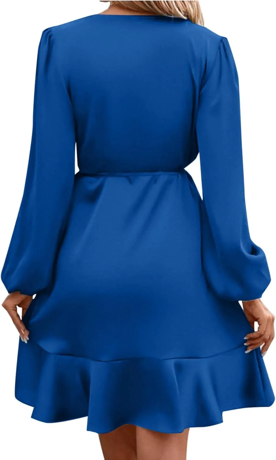 Women's Dressy Satin A-Line Dress Wrap V Neck Ruffle Mini Dresses Lantern Long Sleeves Belted Elegant Flared Dress