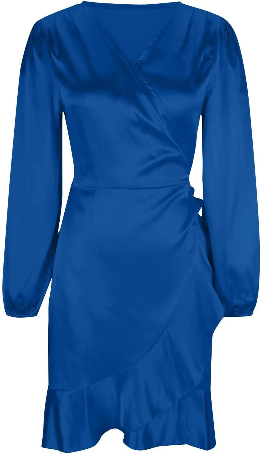 Women's Dressy Satin A-Line Dress Wrap V Neck Ruffle Mini Dresses Lantern Long Sleeves Belted Elegant Flared Dress