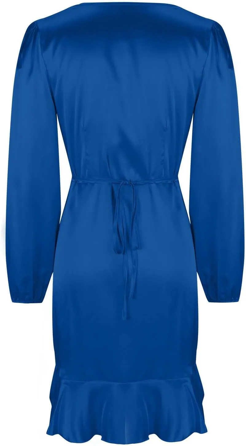 Women's Dressy Satin A-Line Dress Wrap V Neck Ruffle Mini Dresses Lantern Long Sleeves Belted Elegant Flared Dress