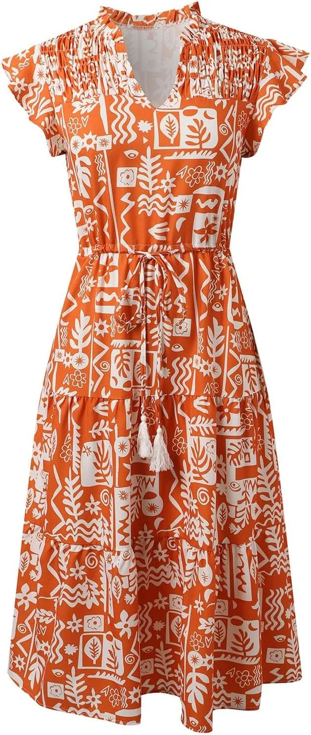 Womens Floral Maxi Dresses Casual Flowy Boho Dresses Summer Ruffle Short Sleeve V Neck Dress Wedding Guest Dresses for Women