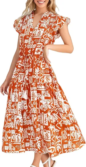 Womens Floral Maxi Dresses Casual Flowy Boho Dresses Summer Ruffle Short Sleeve V Neck Dress Wedding Guest Dresses for Women