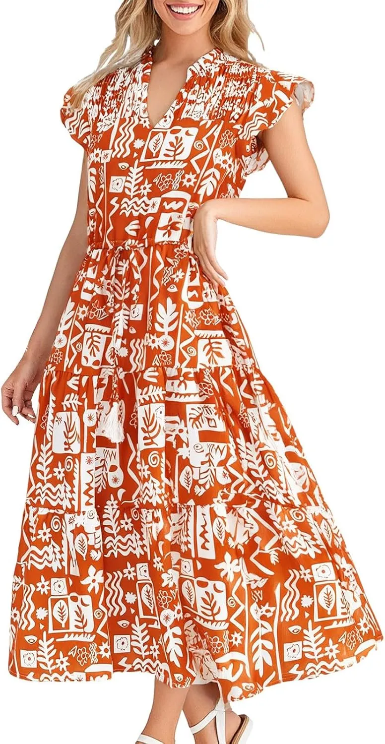 Womens Floral Maxi Dresses Casual Flowy Boho Dresses Summer Ruffle Short Sleeve V Neck Dress Wedding Guest Dresses for Women
