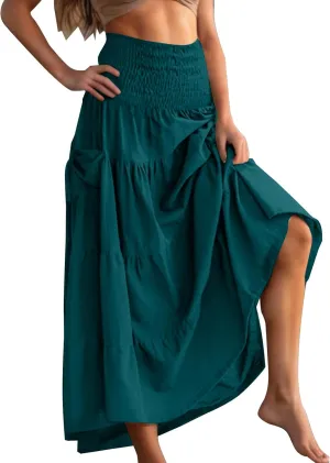 Womens Flowy Pleated Skirts High Elastic Waist A Line Boho Casual Midi Long Skirt Summer Casual Beach Cute Skirt