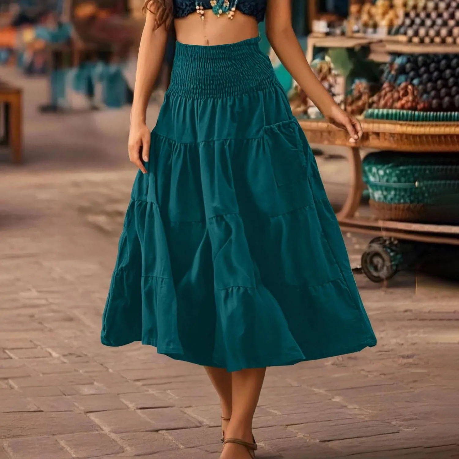 Womens Flowy Pleated Skirts High Elastic Waist A Line Boho Casual Midi Long Skirt Summer Casual Beach Cute Skirt