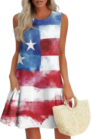 Womens Fourth of July Dress Patriotic Red White and Blue Party Dress Aline Crewneck Sleeveless Mini Dresses