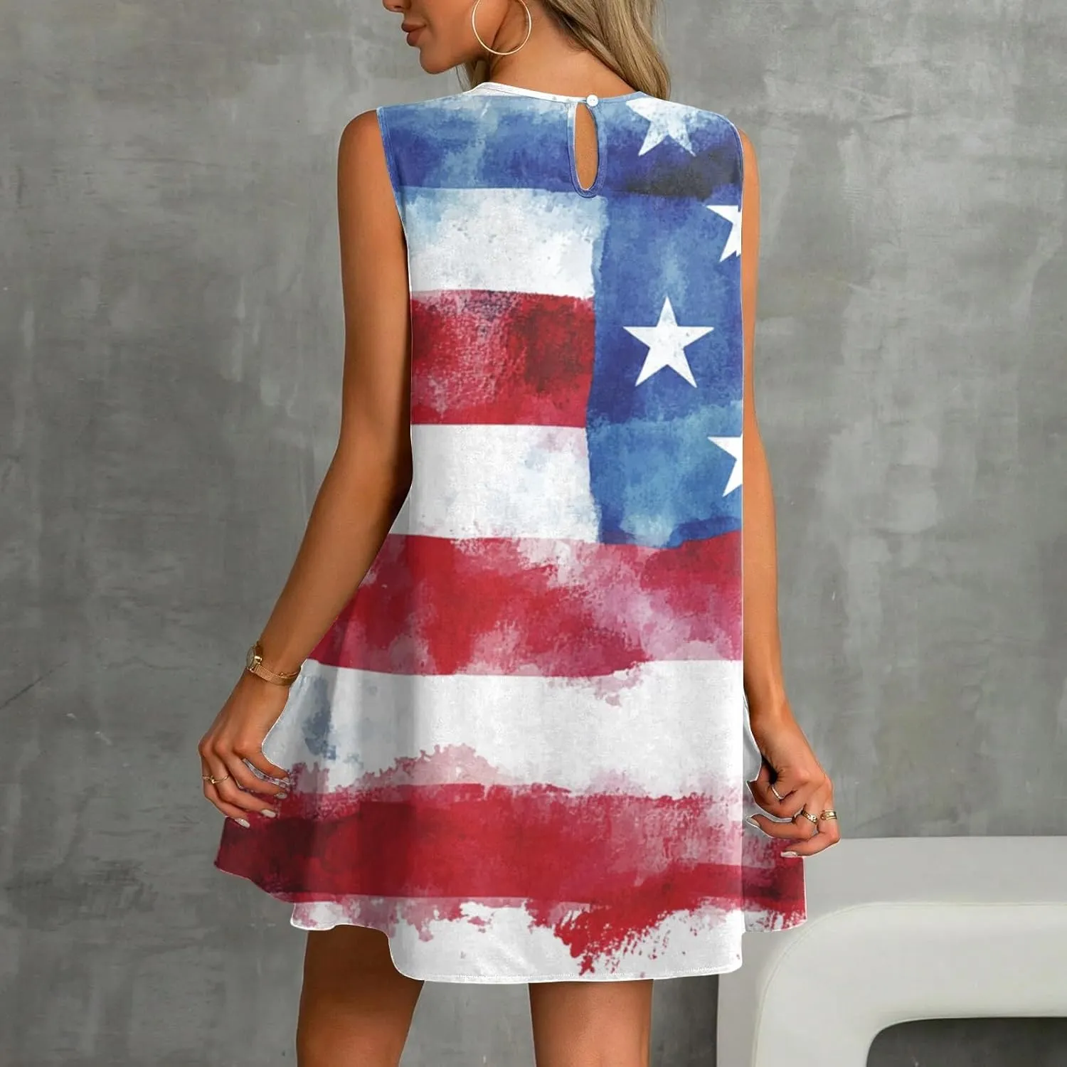 Womens Fourth of July Dress Patriotic Red White and Blue Party Dress Aline Crewneck Sleeveless Mini Dresses