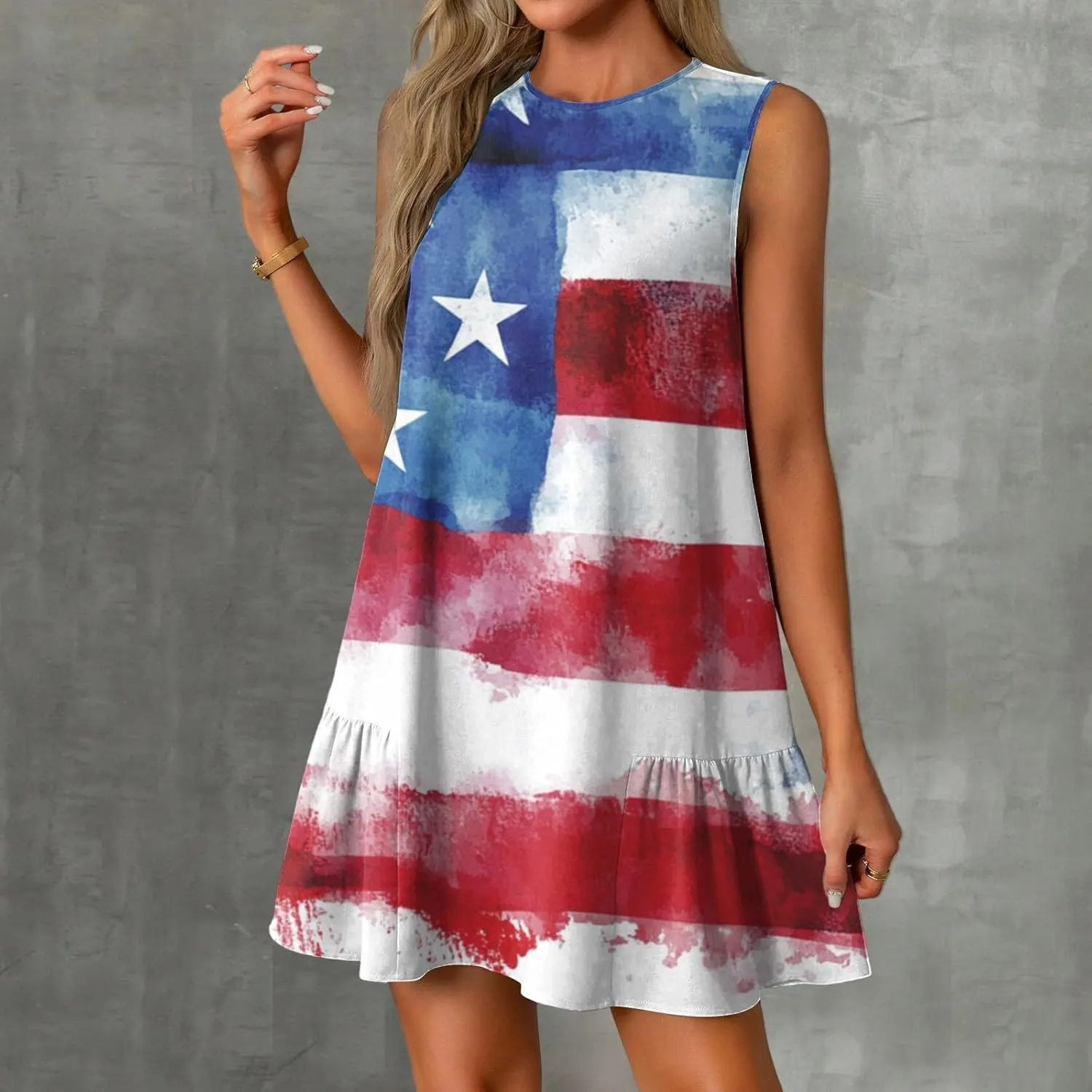 Womens Fourth of July Dress Patriotic Red White and Blue Party Dress Aline Crewneck Sleeveless Mini Dresses
