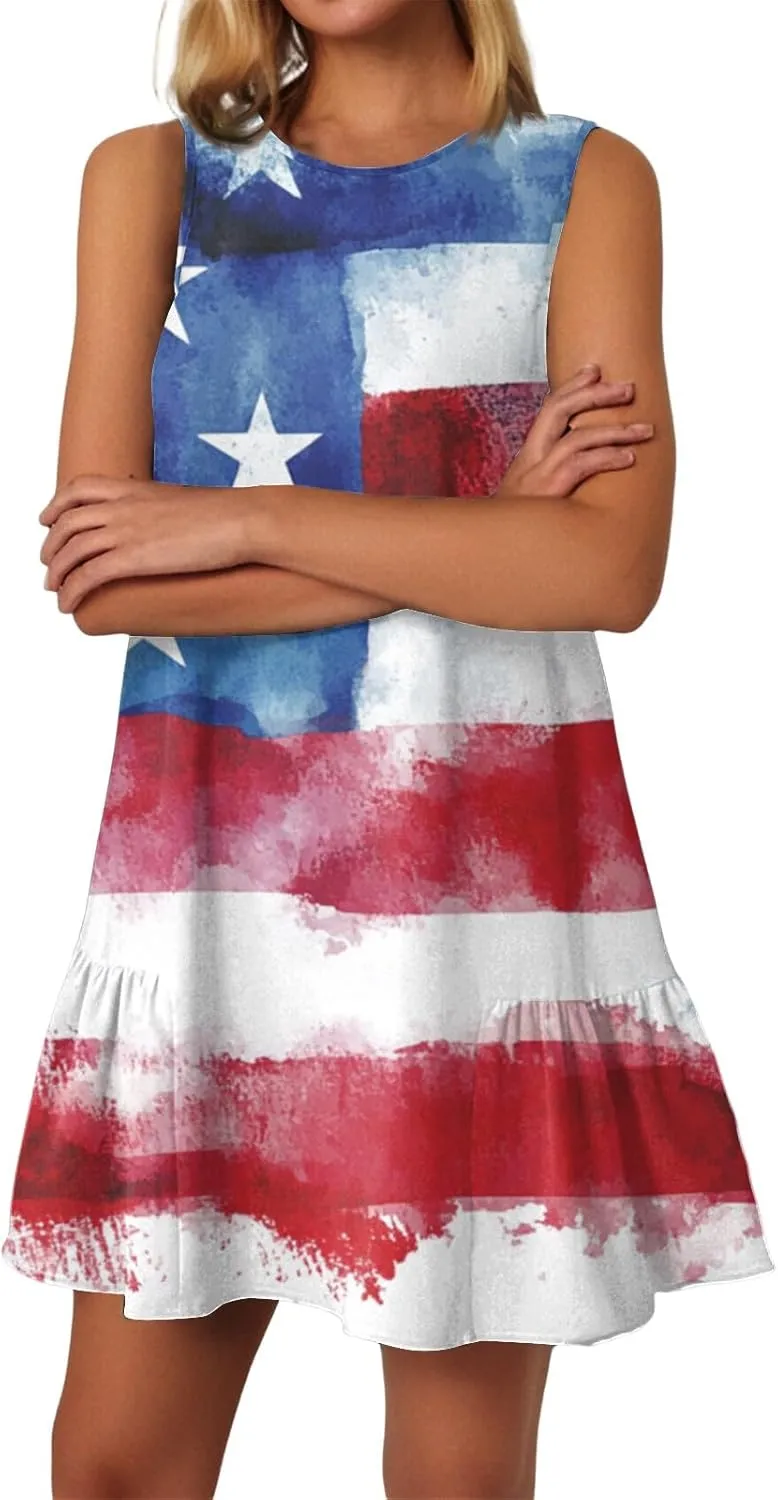 Womens Fourth of July Dress Patriotic Red White and Blue Party Dress Aline Crewneck Sleeveless Mini Dresses