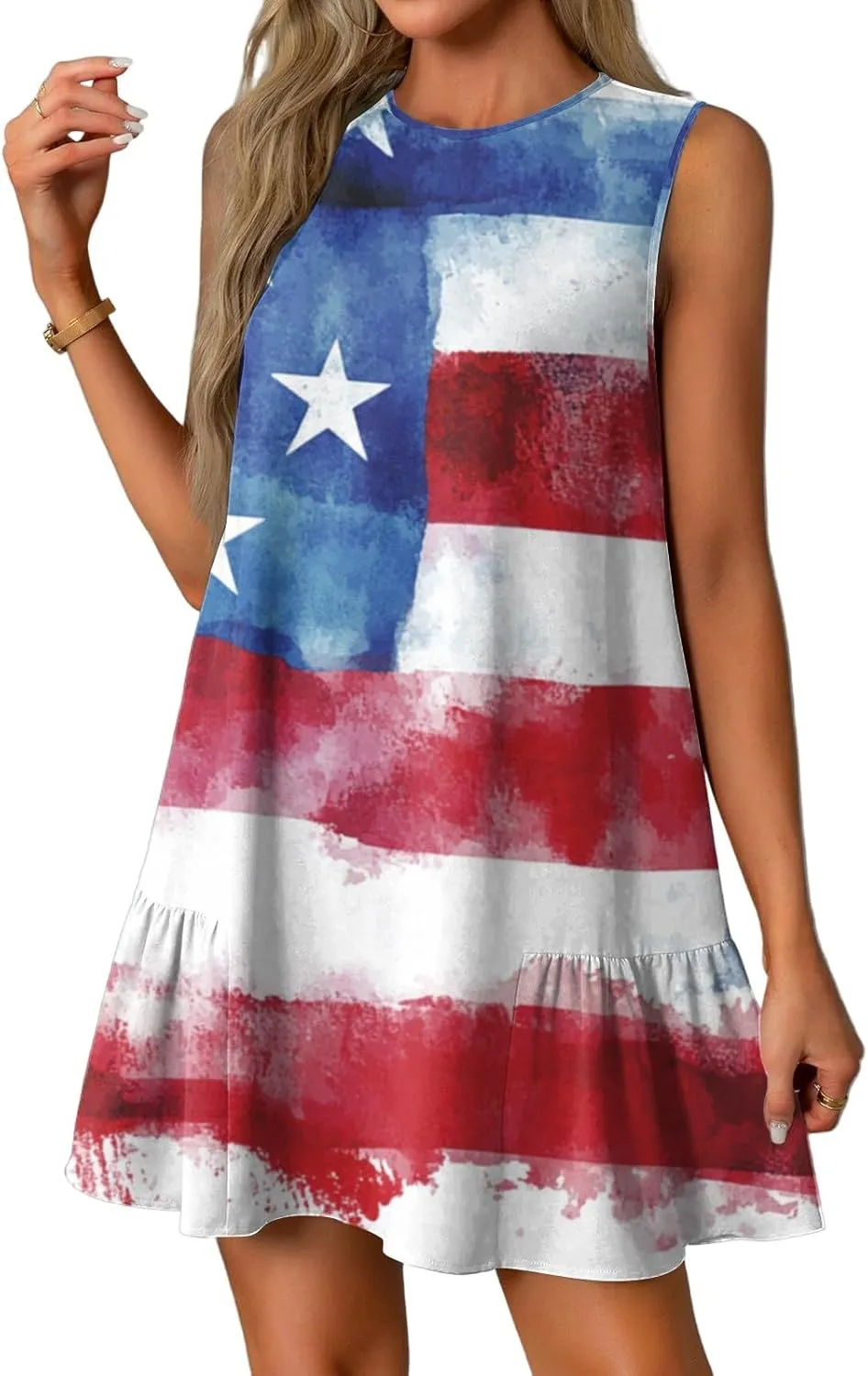 Womens Fourth of July Dress Patriotic Red White and Blue Party Dress Aline Crewneck Sleeveless Mini Dresses