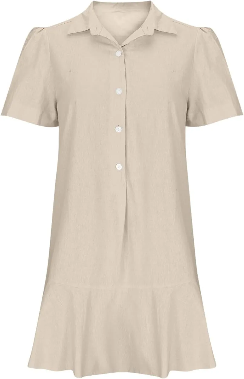 Women's Half Button Down Shirt Dress Summer Casual Lapel Short Sleeve Cotton Linen Dress Ruffle Shift Mini Dresses