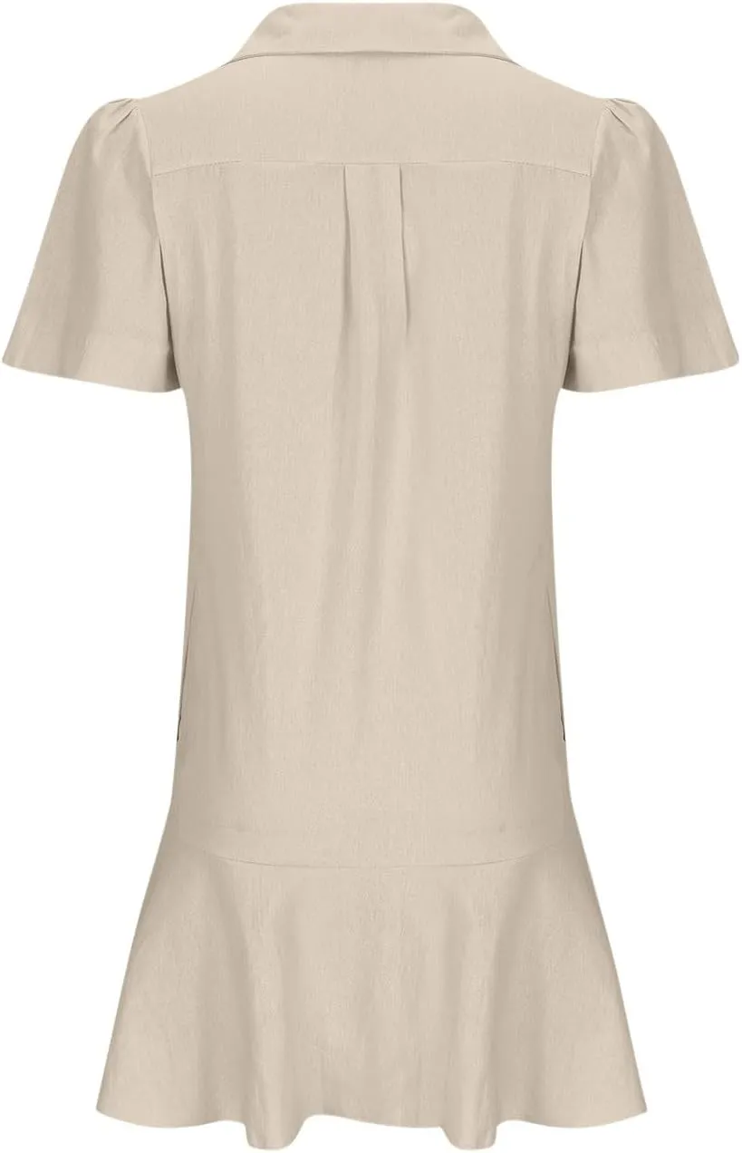 Women's Half Button Down Shirt Dress Summer Casual Lapel Short Sleeve Cotton Linen Dress Ruffle Shift Mini Dresses