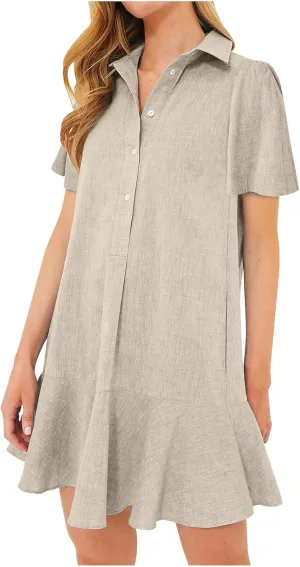 Women's Half Button Down Shirt Dress Summer Casual Lapel Short Sleeve Cotton Linen Dress Ruffle Shift Mini Dresses