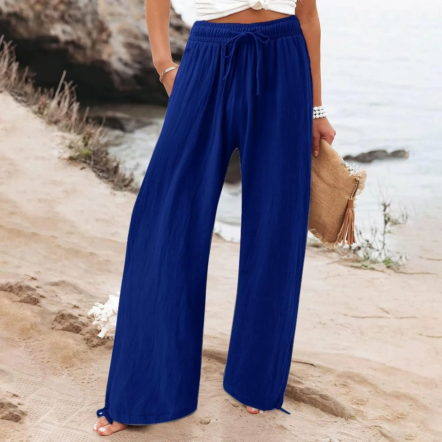 Women's Hiking Pants with Pockets Drawstring Elastic Casual High Waist Straight Wide Leg Trouser for Women 2025