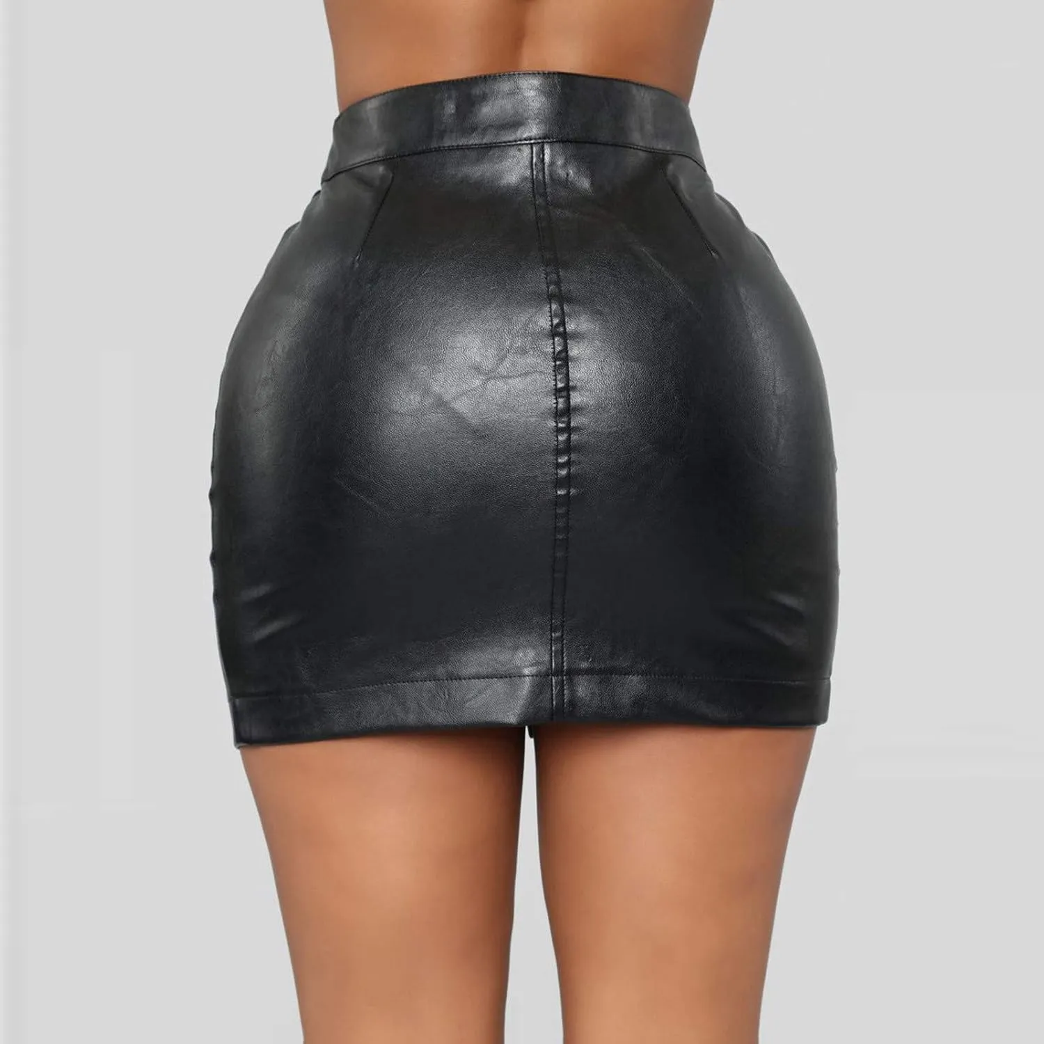 Women's Leather High Waisted Skirts Stretchy Skinny Denim Zipper Bodycon Y2K Wrap Split Hem Pencil Mini Skirt