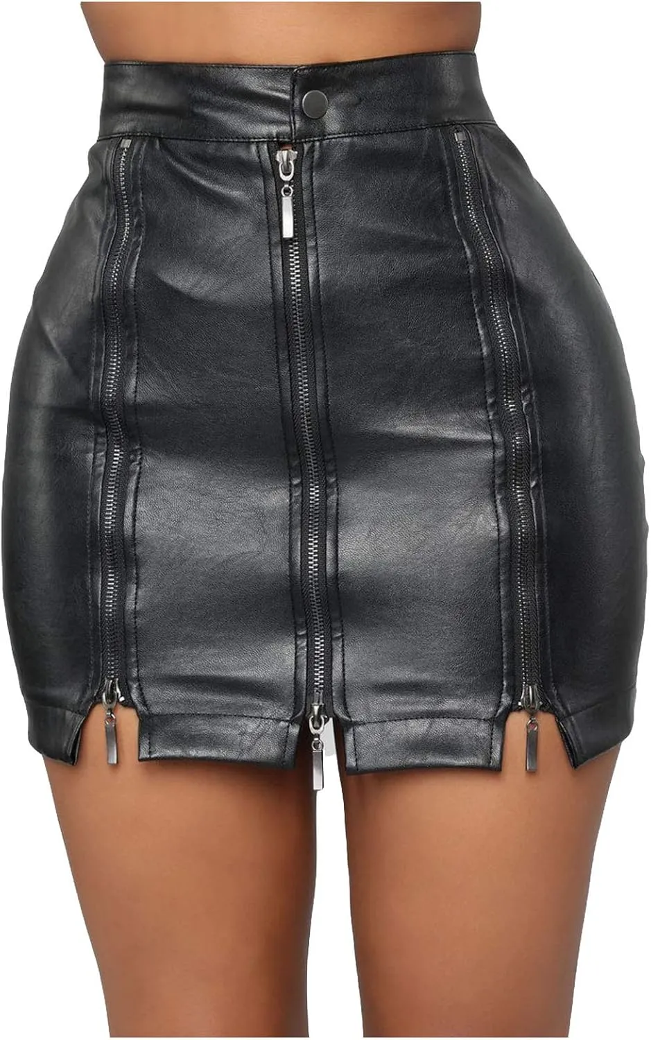 Women's Leather High Waisted Skirts Stretchy Skinny Denim Zipper Bodycon Y2K Wrap Split Hem Pencil Mini Skirt