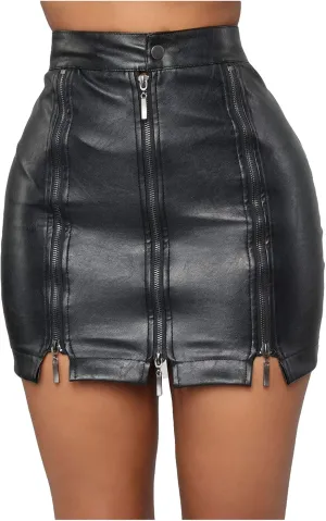 Women's Leather High Waisted Skirts Stretchy Skinny Denim Zipper Bodycon Y2K Wrap Split Hem Pencil Mini Skirt
