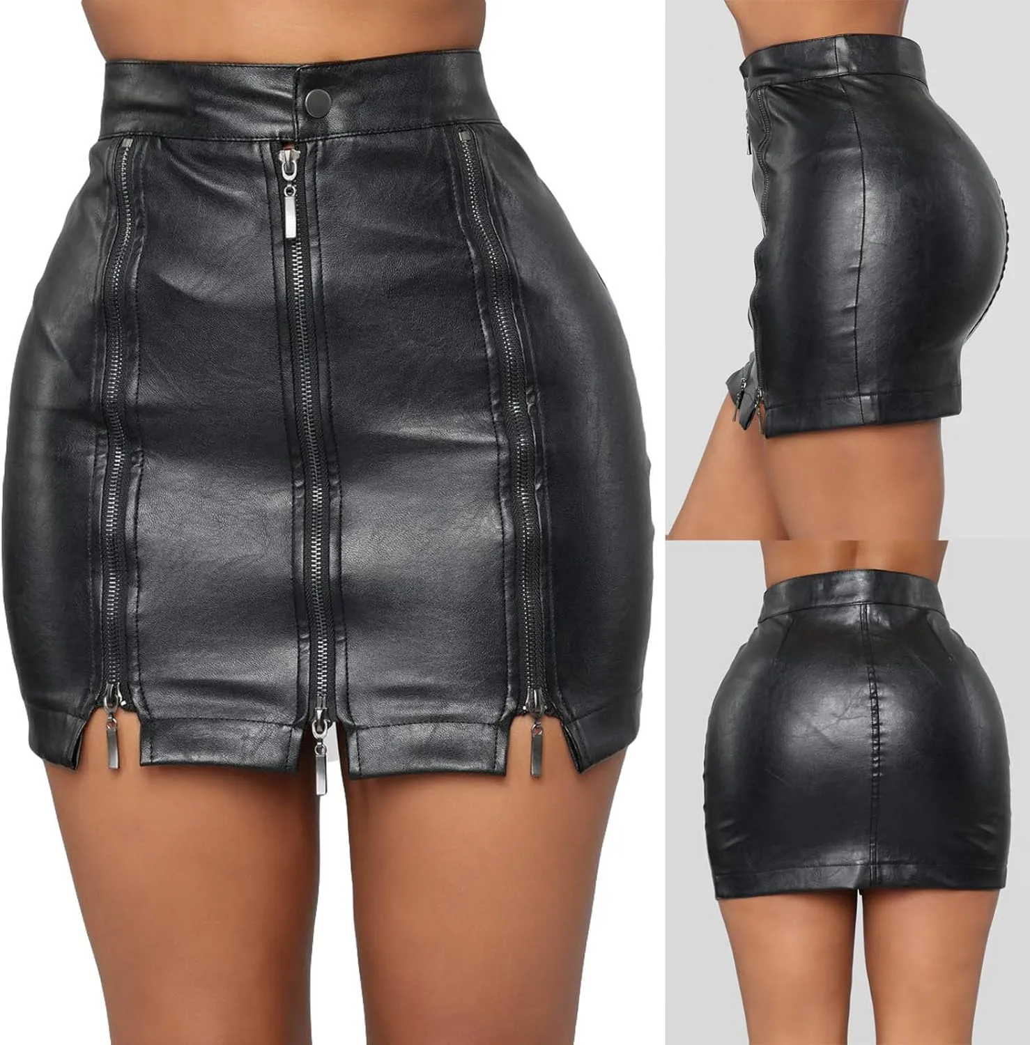 Women's Leather High Waisted Skirts Stretchy Skinny Denim Zipper Bodycon Y2K Wrap Split Hem Pencil Mini Skirt