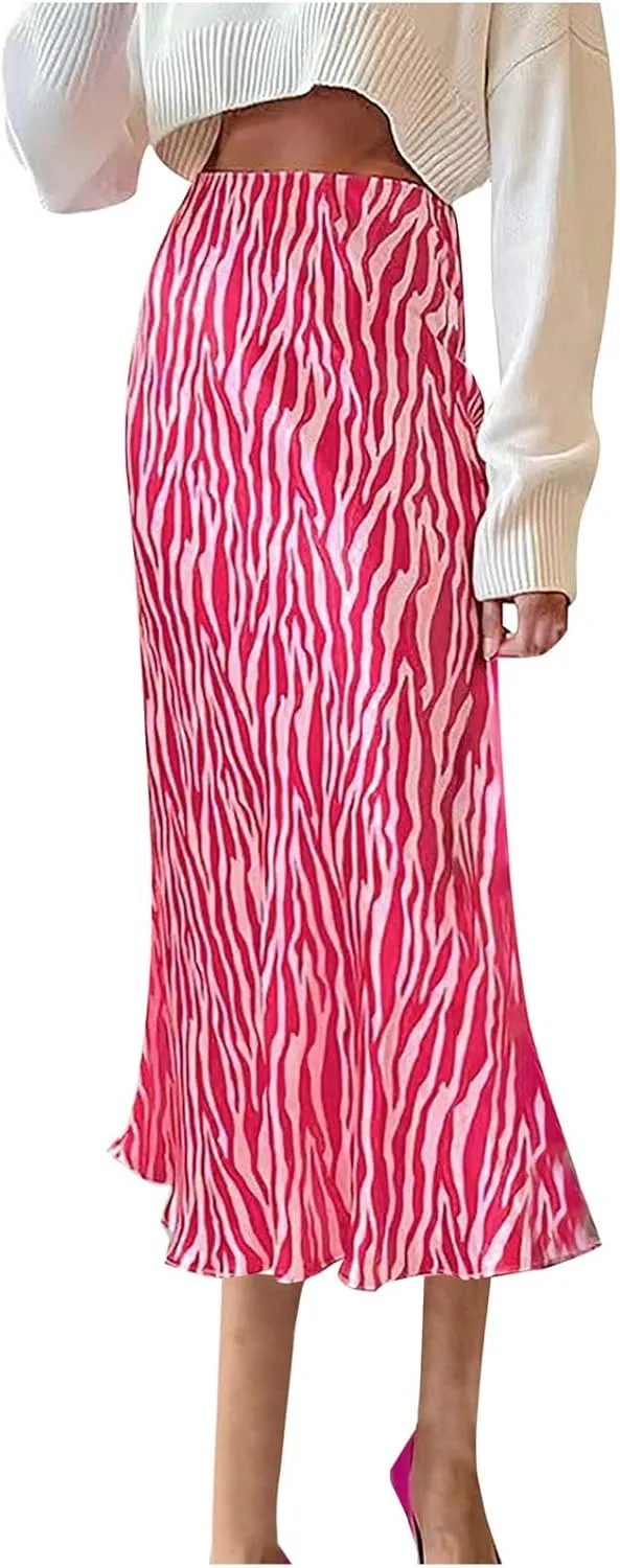 Women's Leopard Print Satin Maxi Skirt Sexy Elastic High Waisted Silk A-Line Club Party Mermaid Flowy Long Skirts