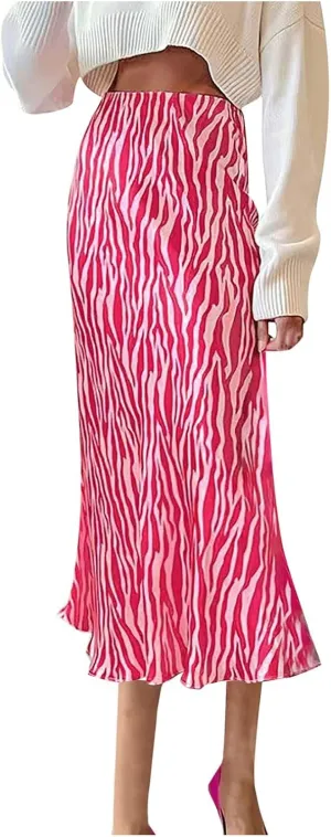 Women's Leopard Print Satin Maxi Skirt Sexy Elastic High Waisted Silk A-Line Club Party Mermaid Flowy Long Skirts