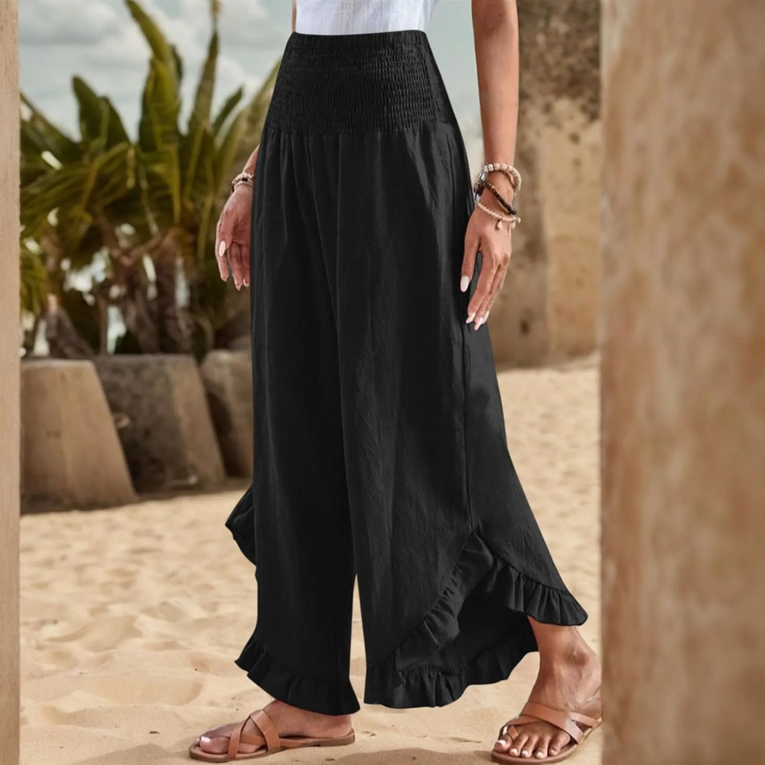 Womens Linen Pants Summer Wide Leg Smocked Waist Ruffle Hem Palazzo Pants Boho Flowy Beach Casual Trousers with Pockets