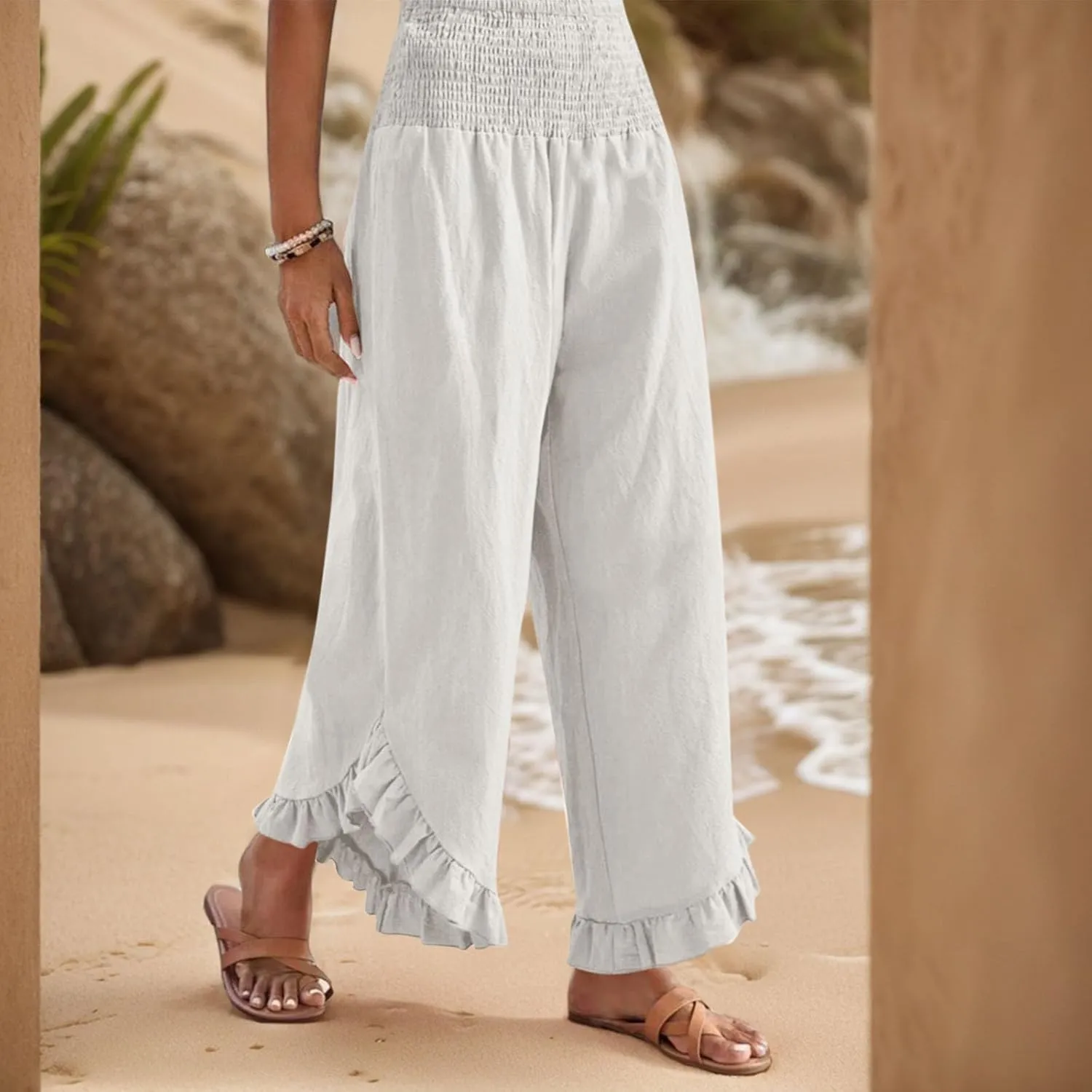 Womens Linen Pants Summer Wide Leg Smocked Waist Ruffle Hem Palazzo Pants Boho Flowy Beach Casual Trousers with Pockets