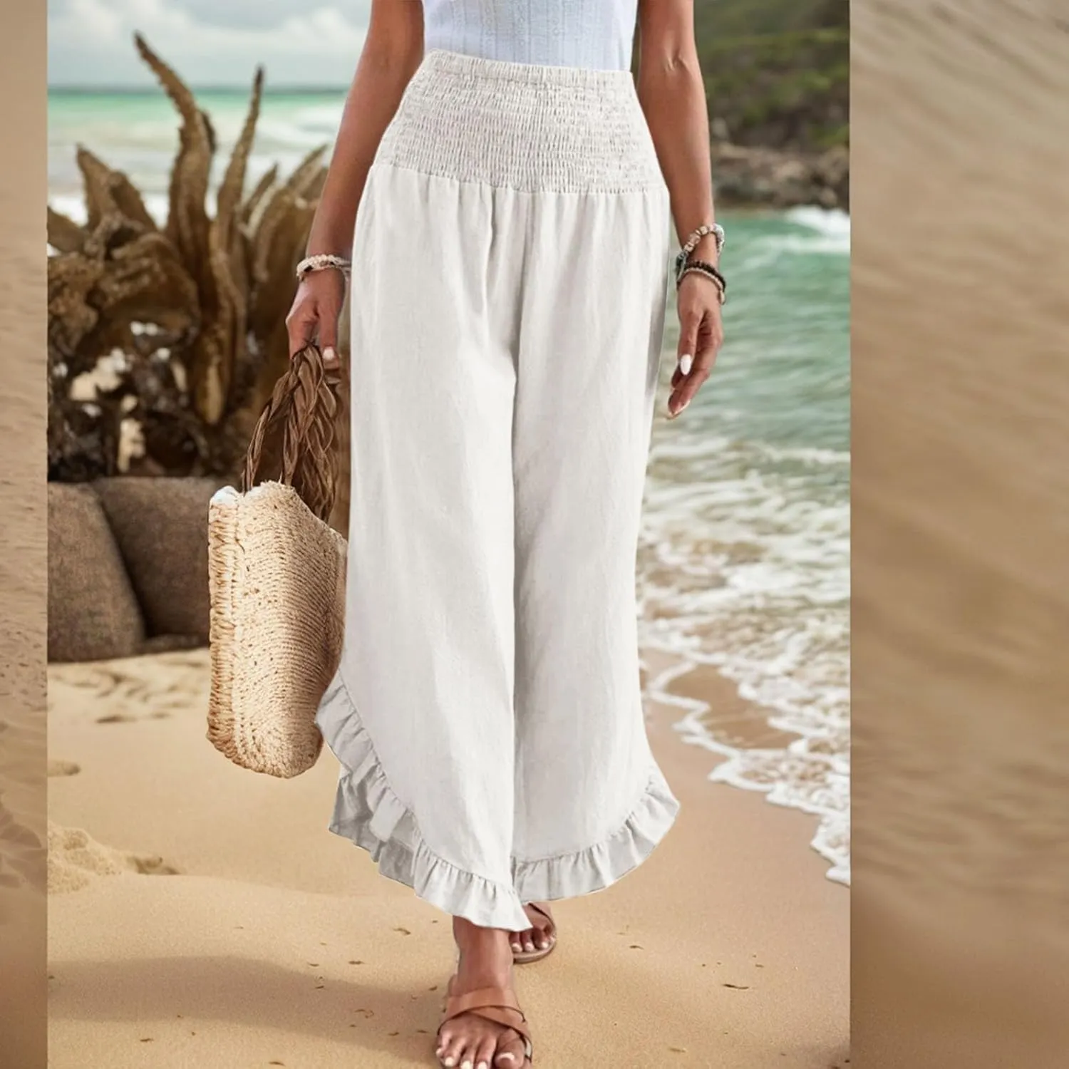 Womens Linen Pants Summer Wide Leg Smocked Waist Ruffle Hem Palazzo Pants Boho Flowy Beach Casual Trousers with Pockets