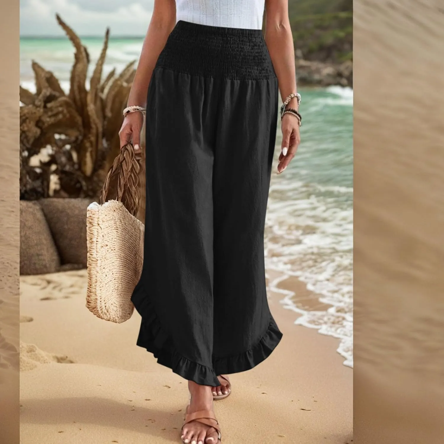 Womens Linen Pants Summer Wide Leg Smocked Waist Ruffle Hem Palazzo Pants Boho Flowy Beach Casual Trousers with Pockets