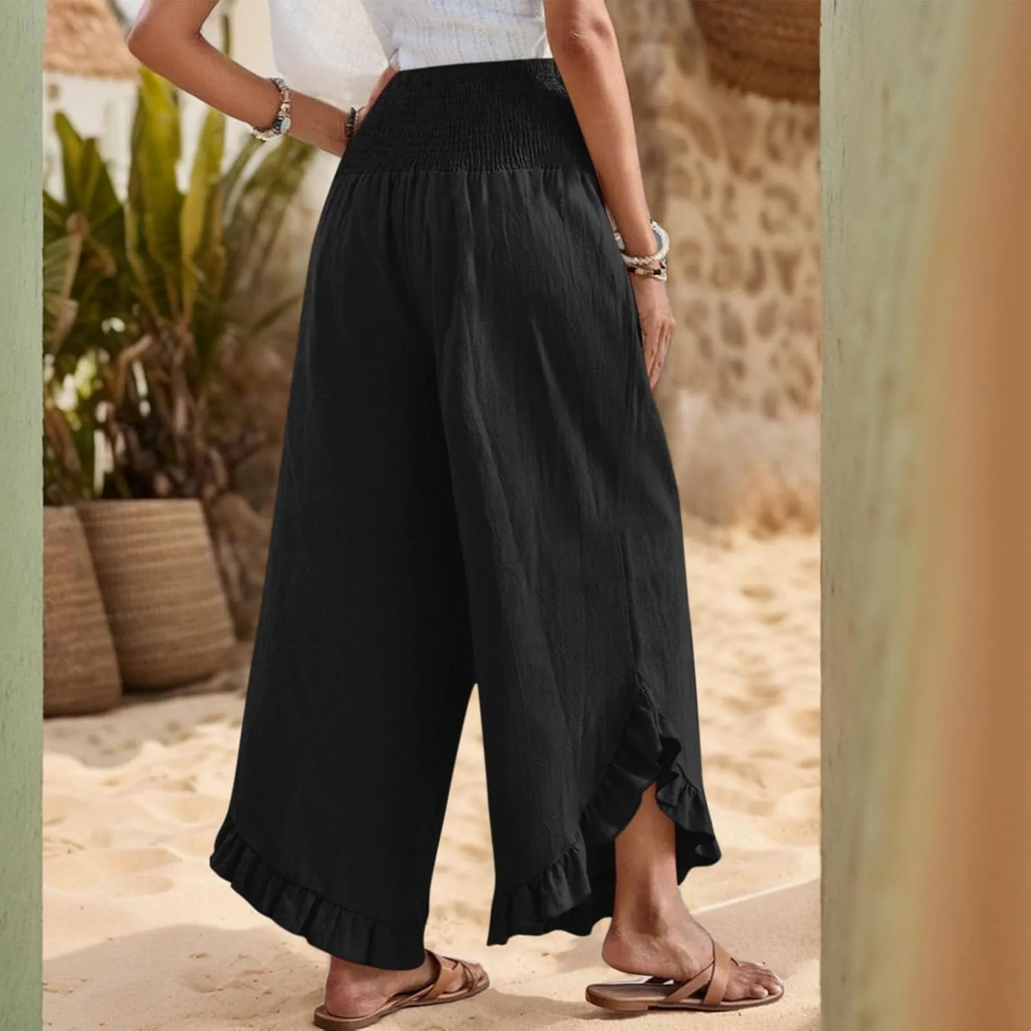 Womens Linen Pants Summer Wide Leg Smocked Waist Ruffle Hem Palazzo Pants Boho Flowy Beach Casual Trousers with Pockets