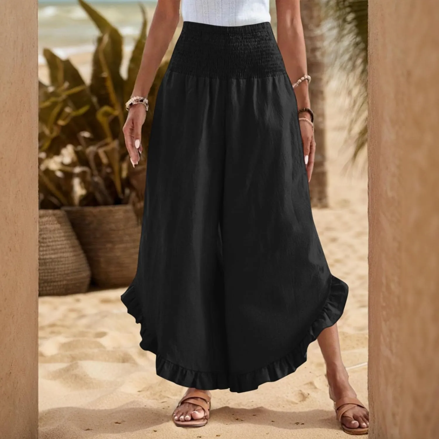 Womens Linen Pants Summer Wide Leg Smocked Waist Ruffle Hem Palazzo Pants Boho Flowy Beach Casual Trousers with Pockets