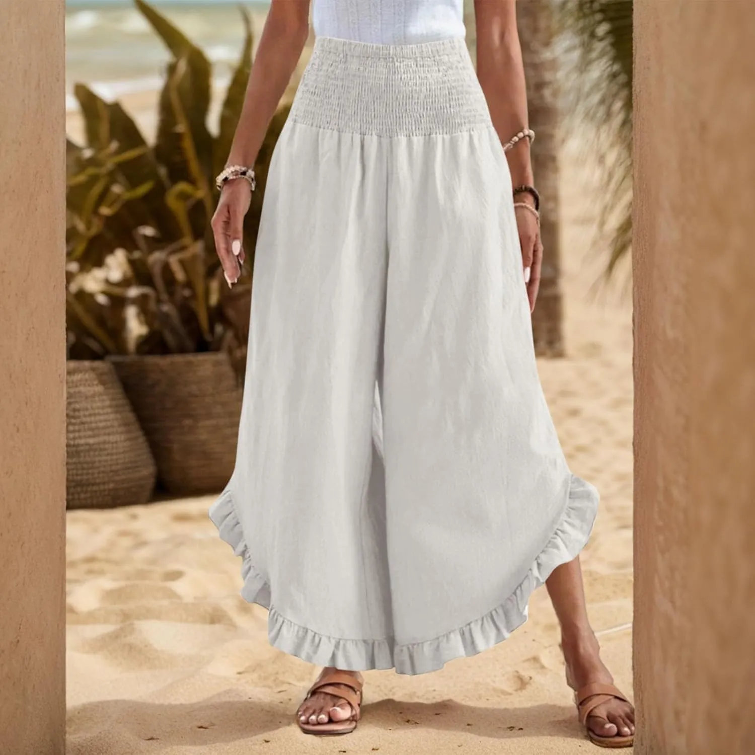 Womens Linen Pants Summer Wide Leg Smocked Waist Ruffle Hem Palazzo Pants Boho Flowy Beach Casual Trousers with Pockets