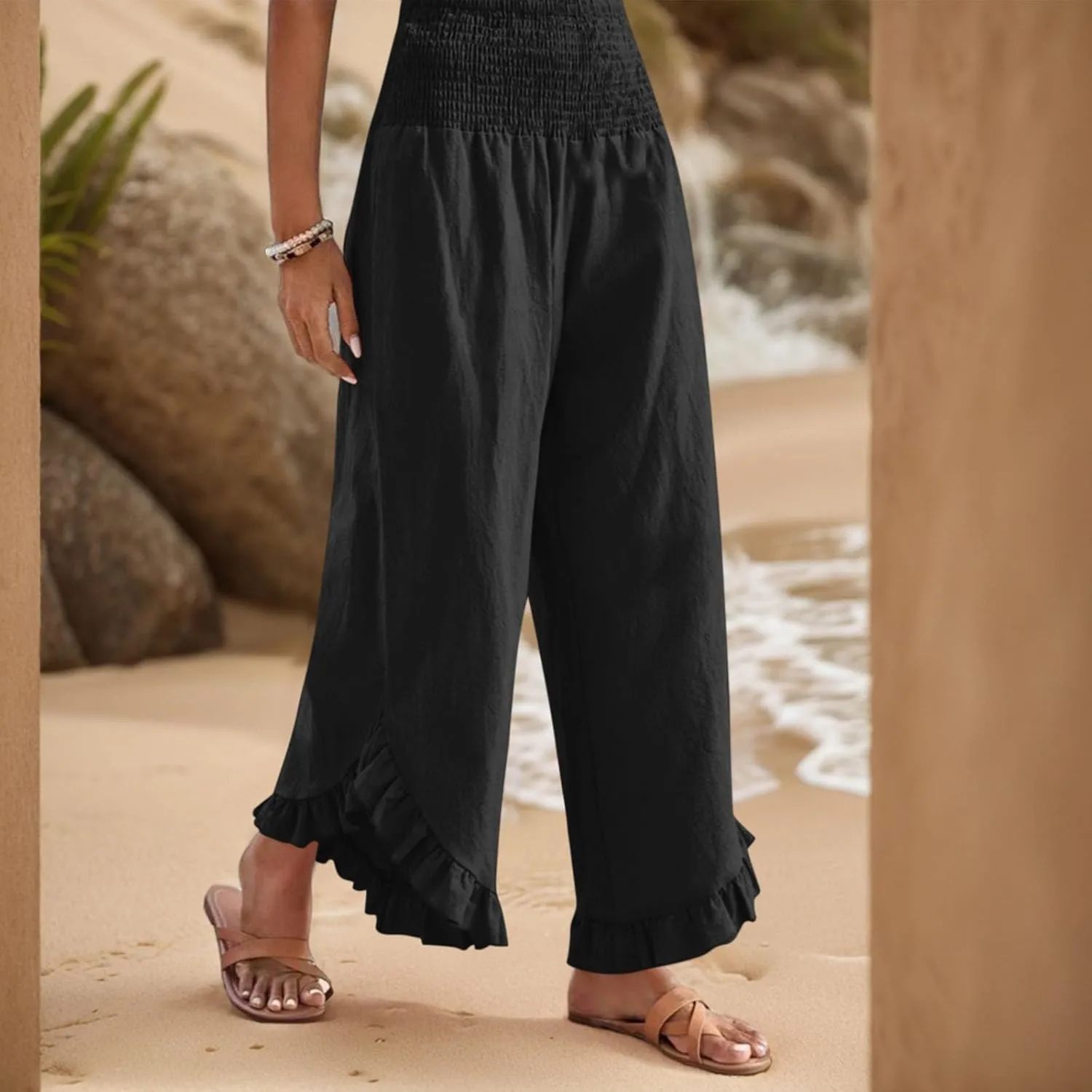Womens Linen Pants Summer Wide Leg Smocked Waist Ruffle Hem Palazzo Pants Boho Flowy Beach Casual Trousers with Pockets