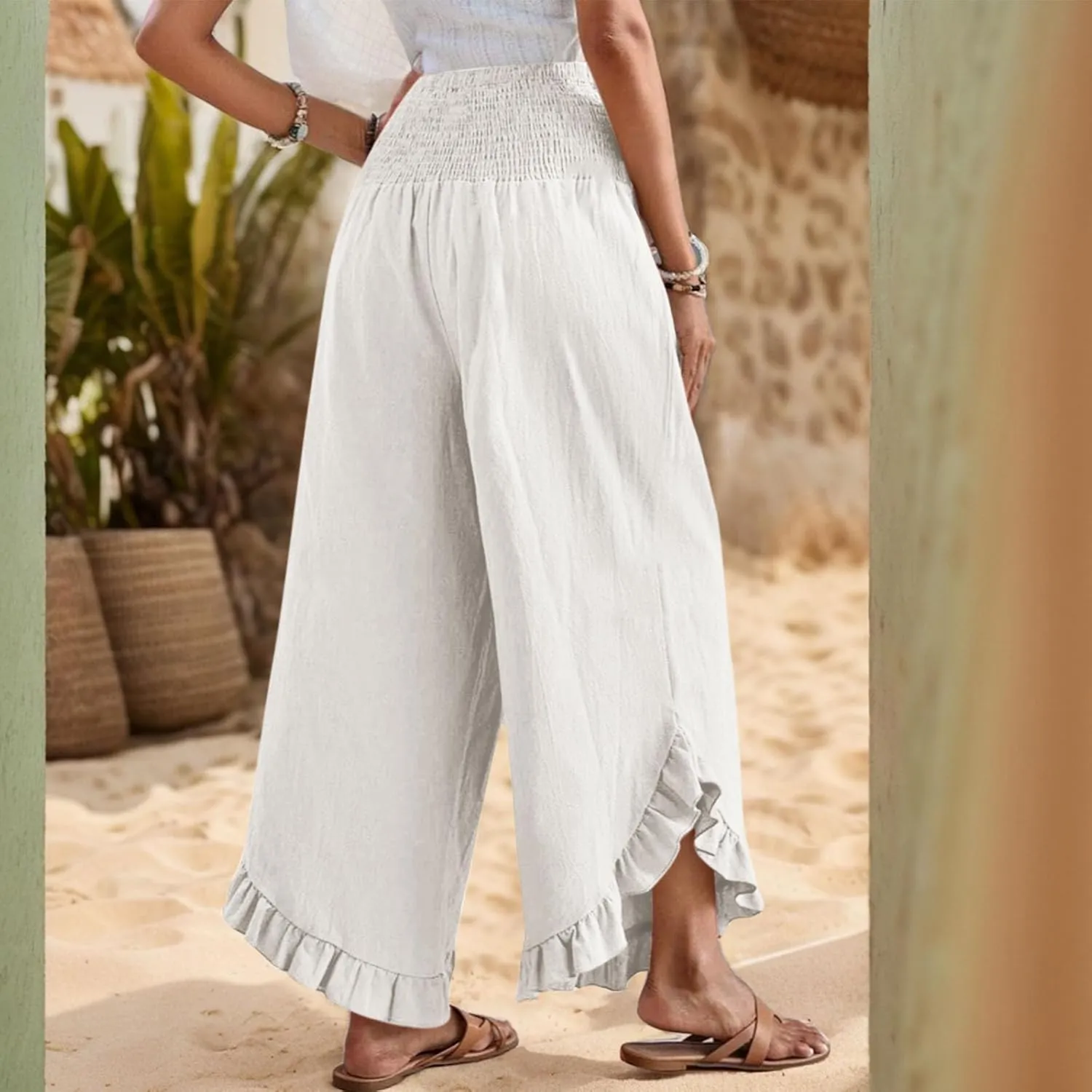 Womens Linen Pants Summer Wide Leg Smocked Waist Ruffle Hem Palazzo Pants Boho Flowy Beach Casual Trousers with Pockets