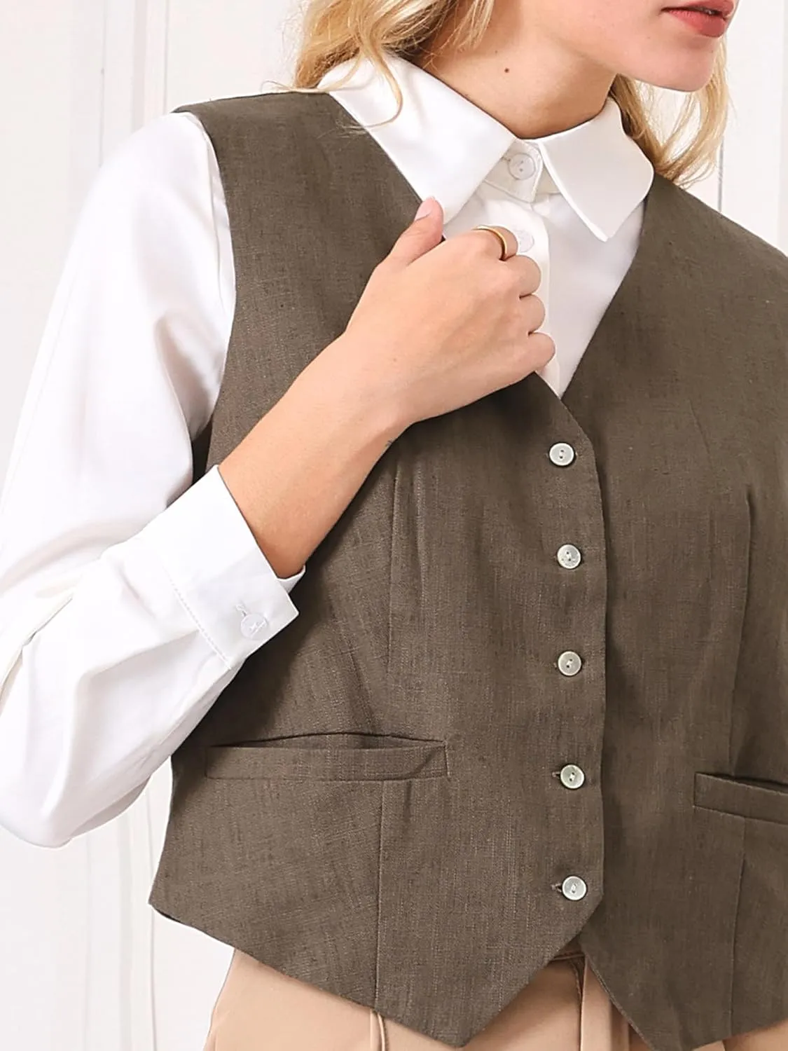 Women's Linen Vest Sleeveless Button Down V Neck Formal Business Waistcoat
