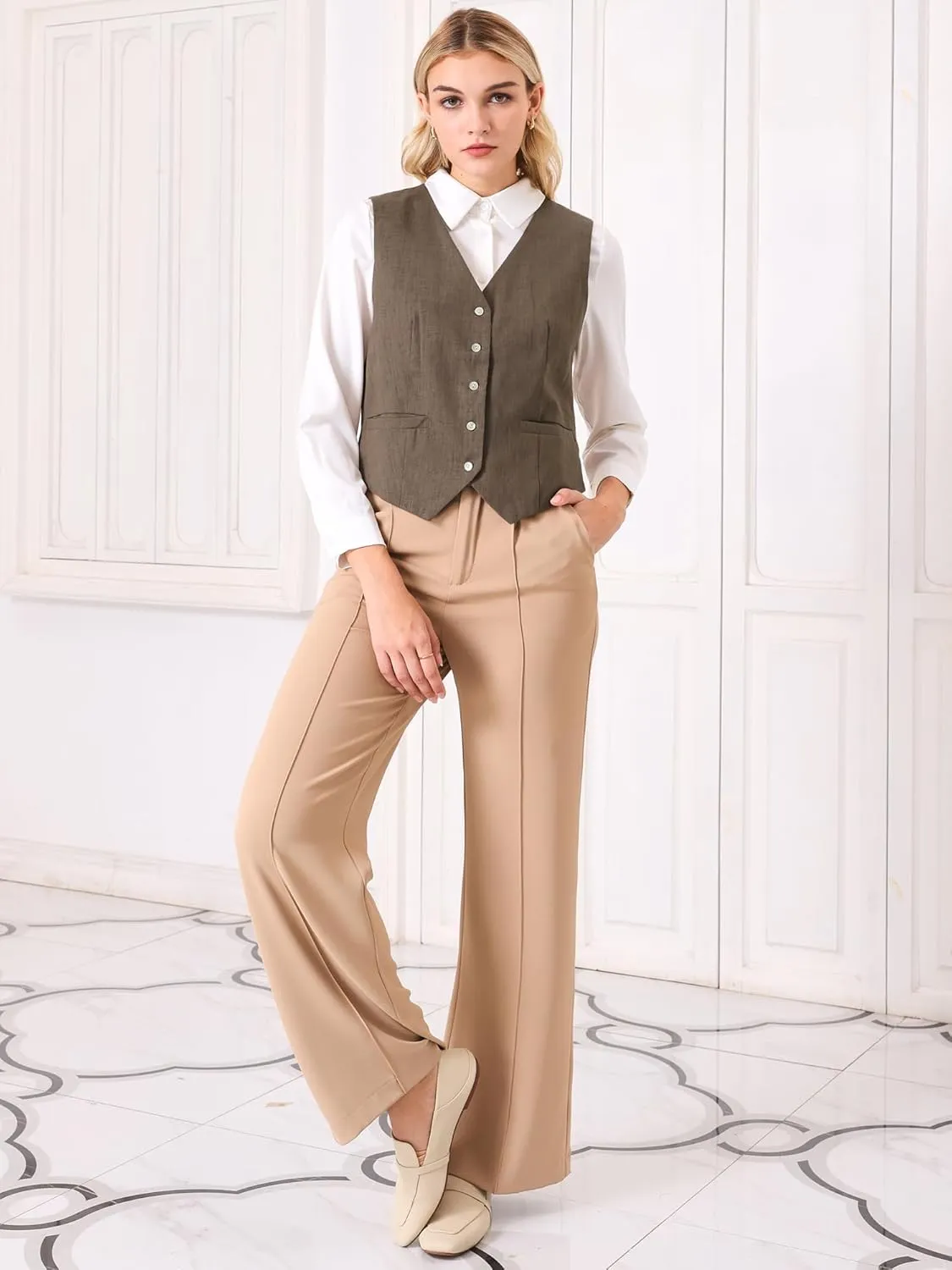 Women's Linen Vest Sleeveless Button Down V Neck Formal Business Waistcoat
