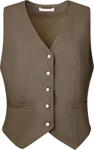 Women's Linen Vest Sleeveless Button Down V Neck Formal Business Waistcoat