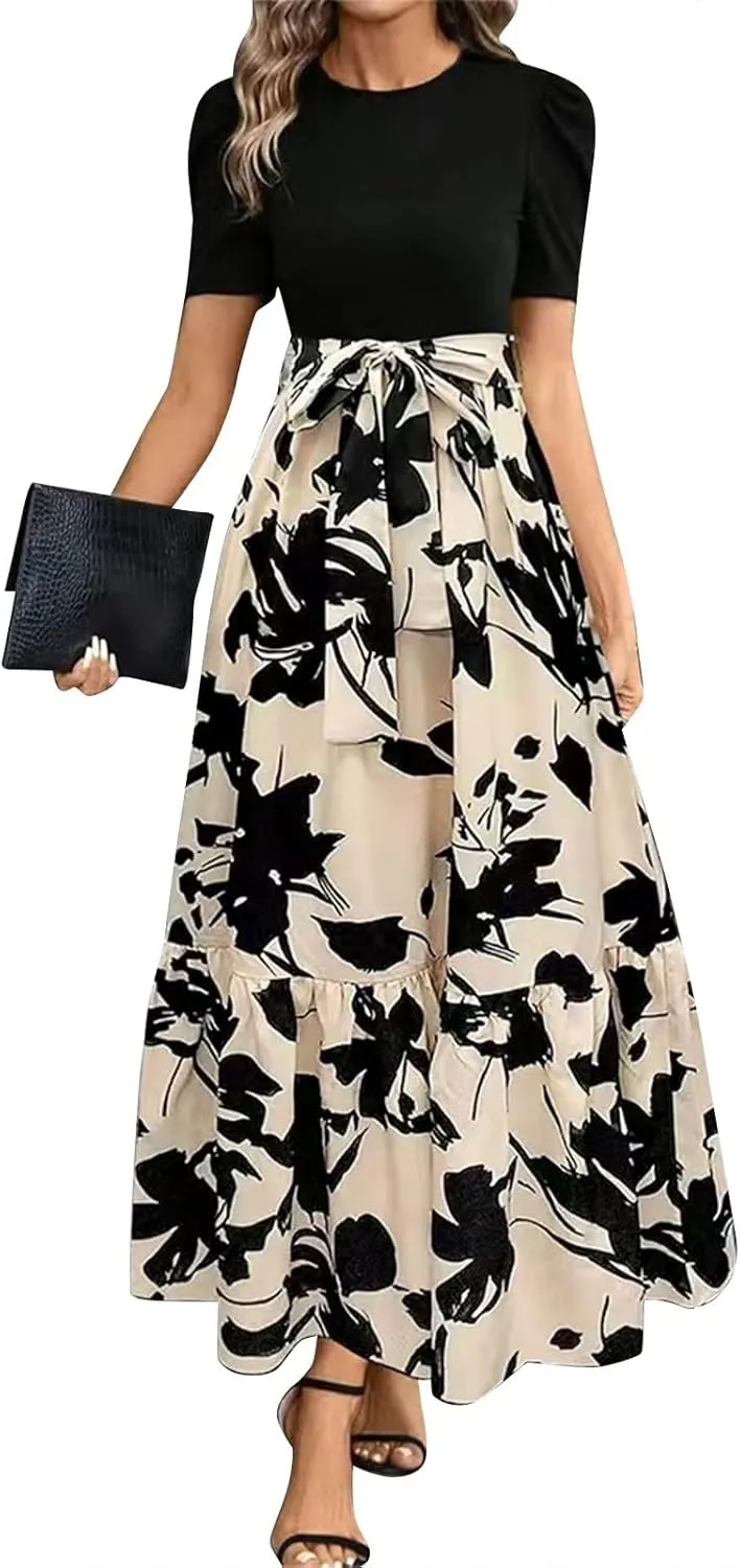 Women's Long Flowy Ruffle Short Sleeve Maxi Dress Floral Printed 2025 Dresses with Pockets Summer Casual Dresses