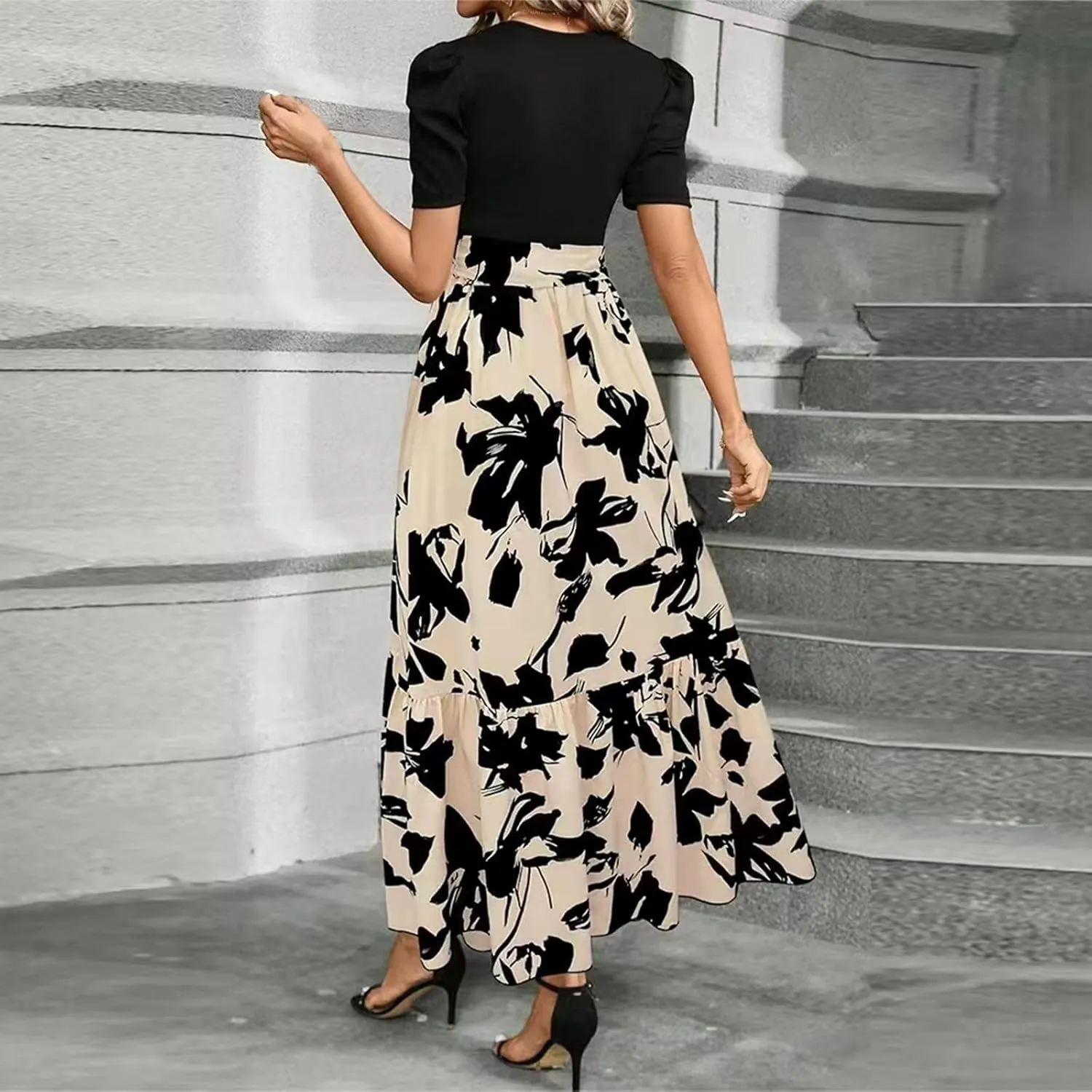 Women's Long Flowy Ruffle Short Sleeve Maxi Dress Floral Printed 2025 Dresses with Pockets Summer Casual Dresses