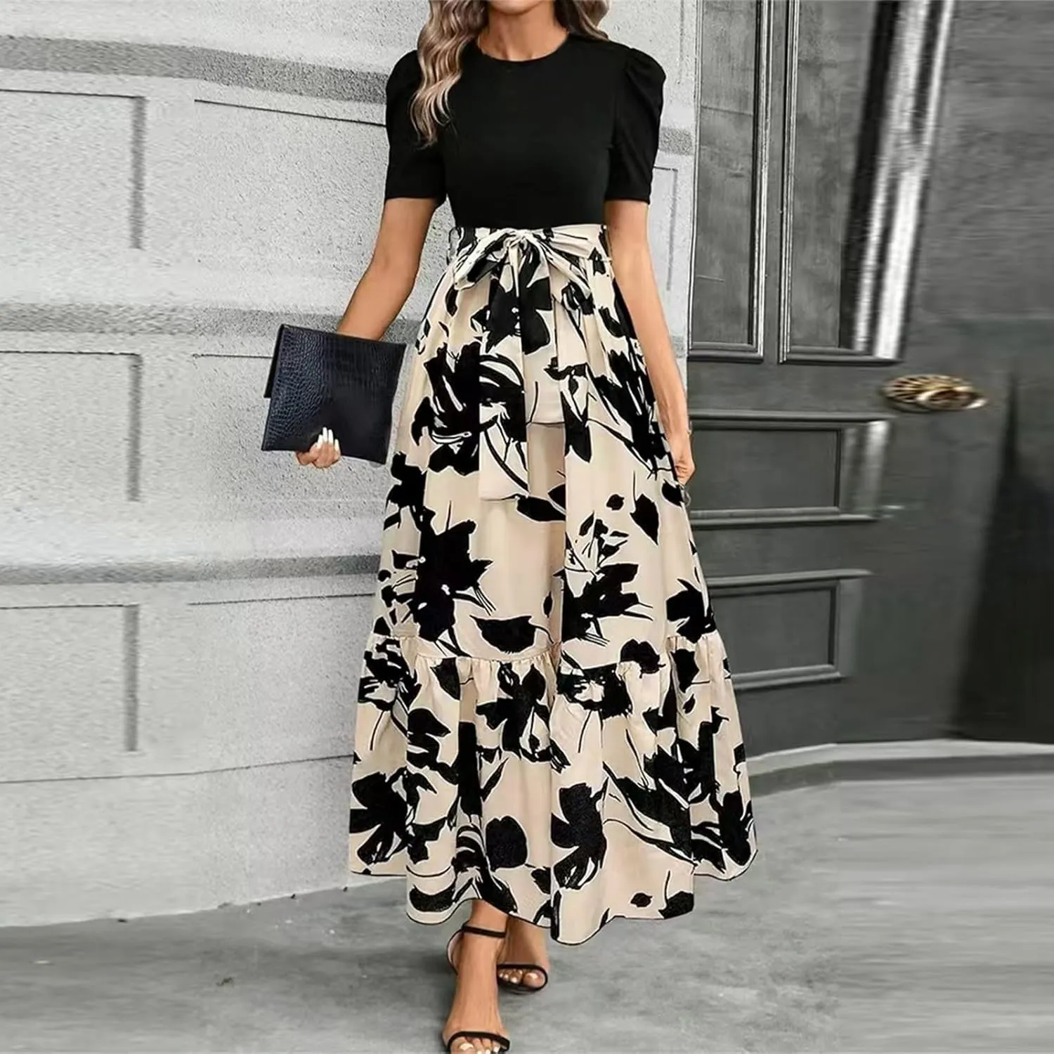 Women's Long Flowy Ruffle Short Sleeve Maxi Dress Floral Printed 2025 Dresses with Pockets Summer Casual Dresses