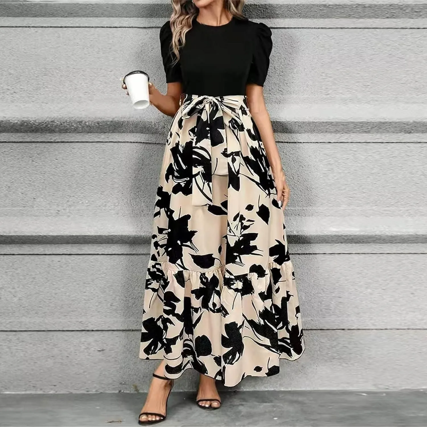 Women's Long Flowy Ruffle Short Sleeve Maxi Dress Floral Printed 2025 Dresses with Pockets Summer Casual Dresses