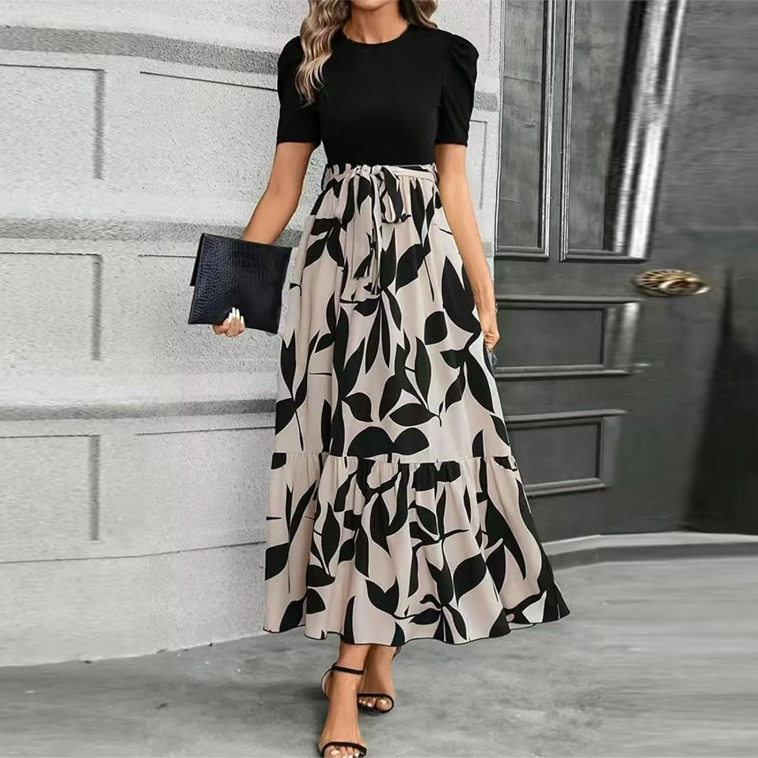 Women's Long Flowy Ruffle Short Sleeve Maxi Dress Floral Printed 2025 Dresses with Pockets Summer Casual Dresses