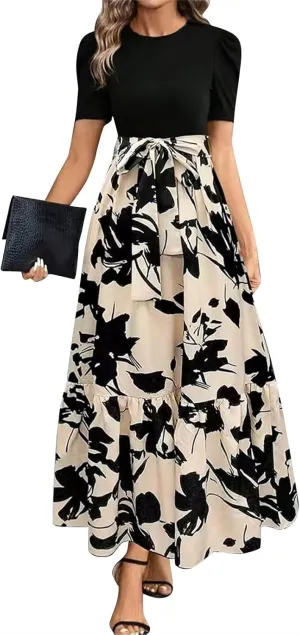 Women's Long Flowy Ruffle Short Sleeve Maxi Dress Floral Printed 2025 Dresses with Pockets Summer Casual Dresses
