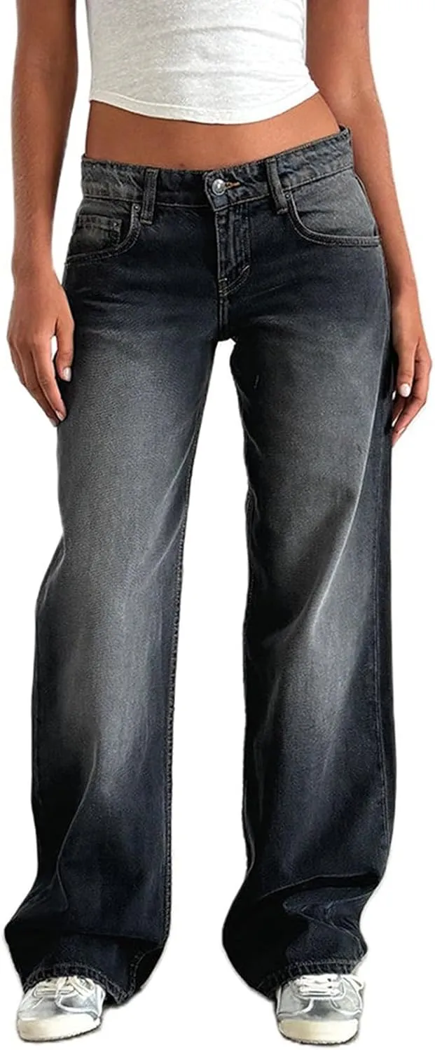 Womens Low Rise Mom Jeans Straight Leg Baggy Loose Fit Demin Pants Streetwear Classic Disco Retro Flared Denim Pants