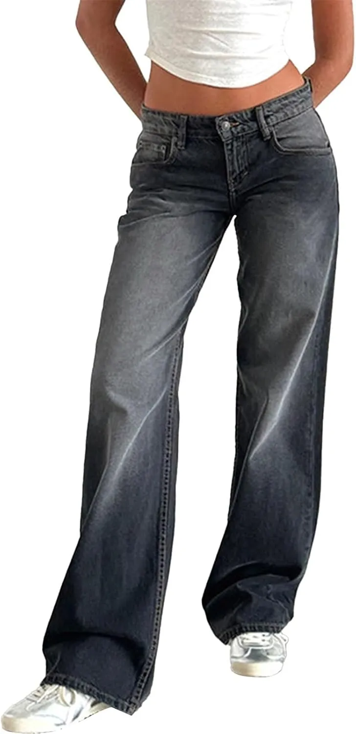 Womens Low Rise Mom Jeans Straight Leg Baggy Loose Fit Demin Pants Streetwear Classic Disco Retro Flared Denim Pants