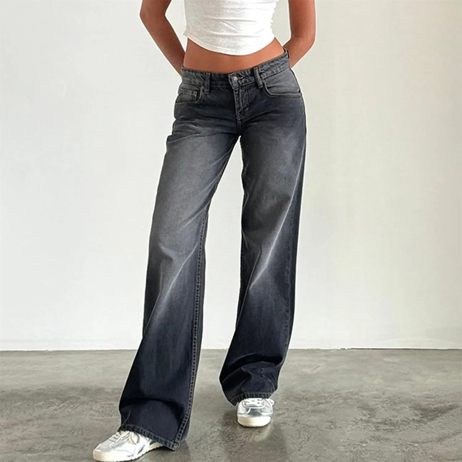 Womens Low Rise Mom Jeans Straight Leg Baggy Loose Fit Demin Pants Streetwear Classic Disco Retro Flared Denim Pants