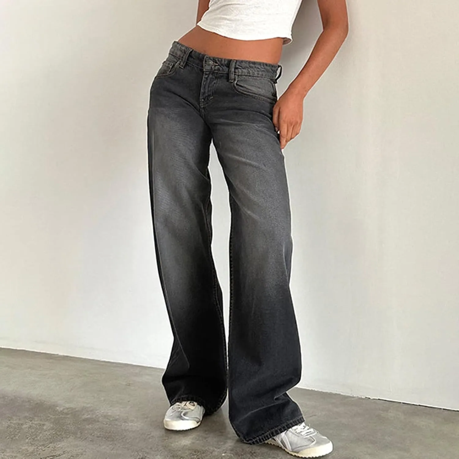 Womens Low Rise Mom Jeans Straight Leg Baggy Loose Fit Demin Pants Streetwear Classic Disco Retro Flared Denim Pants
