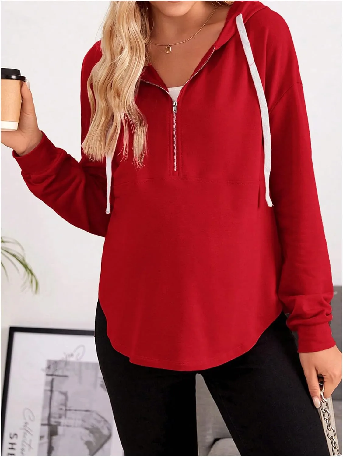 Women's Maternity Half Zip Sweatshirts Long Sleeve Drop Shoulder Drawstring Hoodie