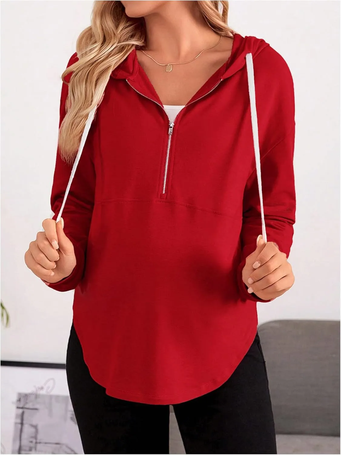 Women's Maternity Half Zip Sweatshirts Long Sleeve Drop Shoulder Drawstring Hoodie