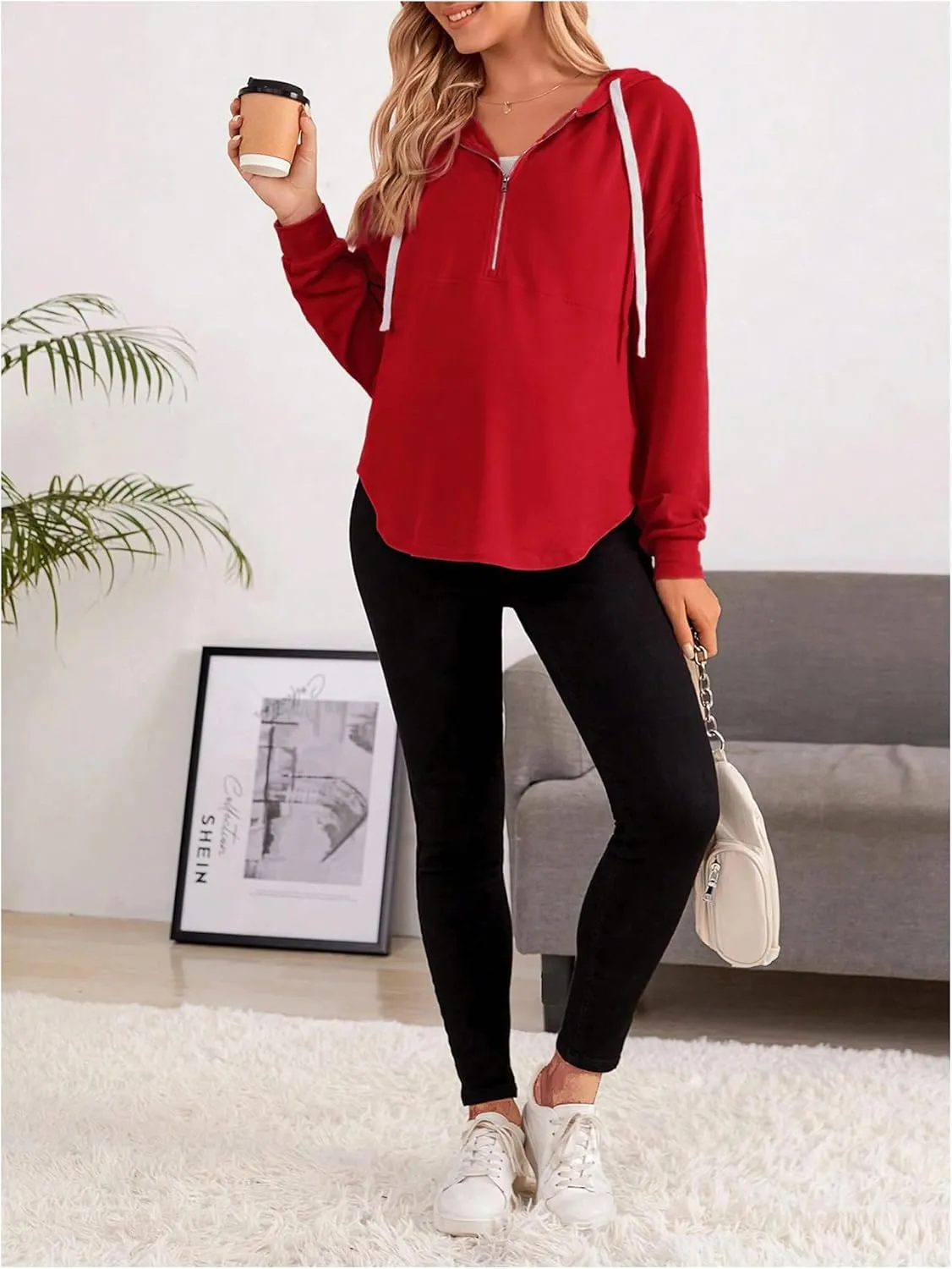 Women's Maternity Half Zip Sweatshirts Long Sleeve Drop Shoulder Drawstring Hoodie
