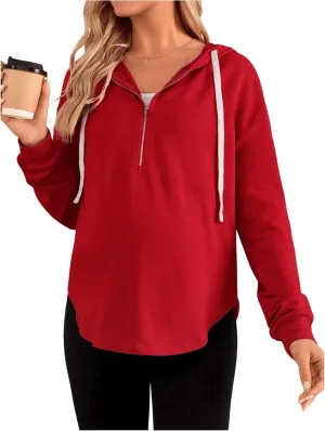 Women's Maternity Half Zip Sweatshirts Long Sleeve Drop Shoulder Drawstring Hoodie
