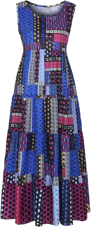 Women's Midi Long Dress Plus Size Summer Sleeveless O Neck Casual Loose Tunic Dresses Vintage Graphic Print Sundress